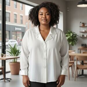 Vintage Y2K 2000s Fashion Bug White Flower Button Long Sleeve Blouse Plus Size